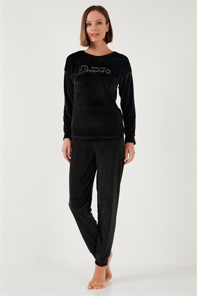 Standart Fit Bisiklet Yaka Yumuşak Kadife Kadın Pijama Takımı 6094202 SİYAH