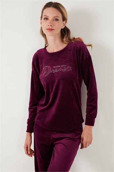 Standart Fit Bisiklet Yaka Yumuşak Kadife Kadın Pijama Takımı 6094202 MOR