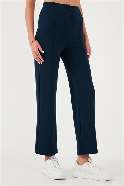 Standart Fit Çimalı Yüksek Bel Düz Paça Kadın Pantolon 5865972 LACİVERT
