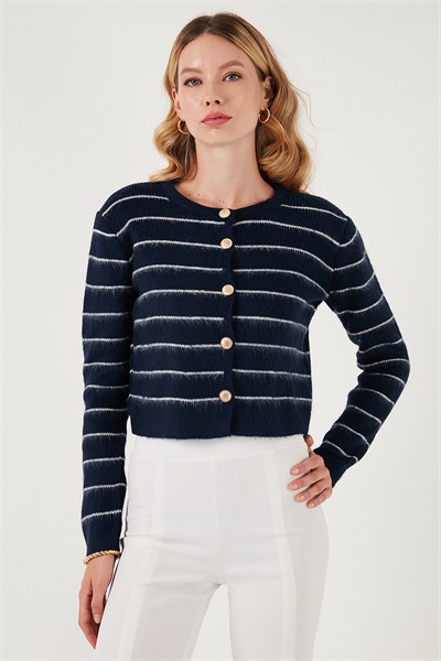 Standart Fit Çizgili Yumuşak Dokulu Crop Triko Kadın Hırka 4615551 LACİVERT