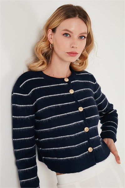 Standart Fit Çizgili Yumuşak Dokulu Crop Triko Kadın Hırka 4615551 LACİVERT