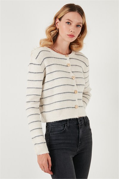 Standart Fit Çizgili Yumuşak Dokulu Crop Triko Kadın Hırka 4615551 TAŞ