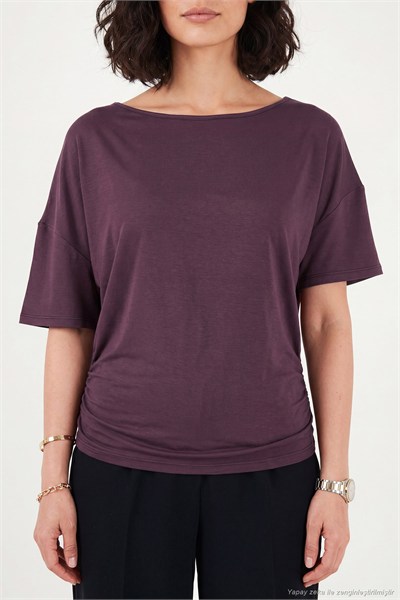Standart Fit Drape Detaylı Yarasa Kol Kadın T Shirt 5866962 MÜRDÜM