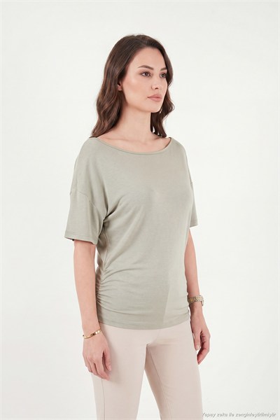 Standart Fit Drape Detaylı Yarasa Kol Kadın T Shirt 5866962 Olive