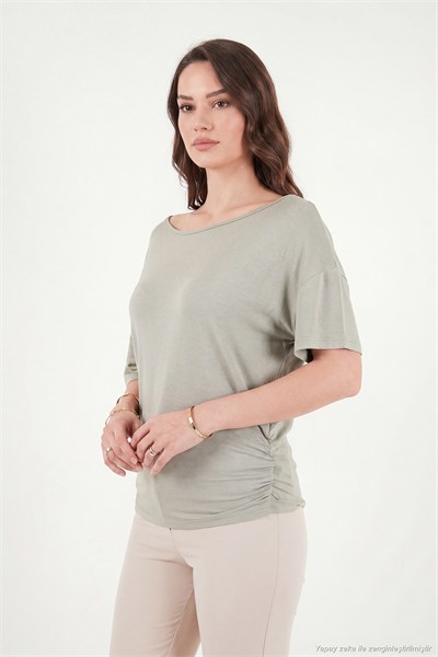 Standart Fit Drape Detaylı Yarasa Kol Kadın T Shirt 5866962 Olive