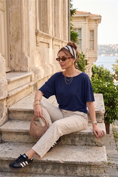 Standart Fit Drape Detaylı Yarasa Kol Kadın T Shirt 5866962 LACİVERT