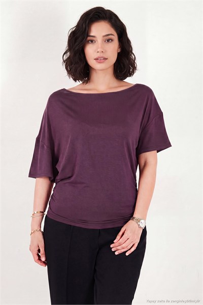 Standart Fit Drape Detaylı Yarasa Kol Kadın T Shirt 5866962 MÜRDÜM