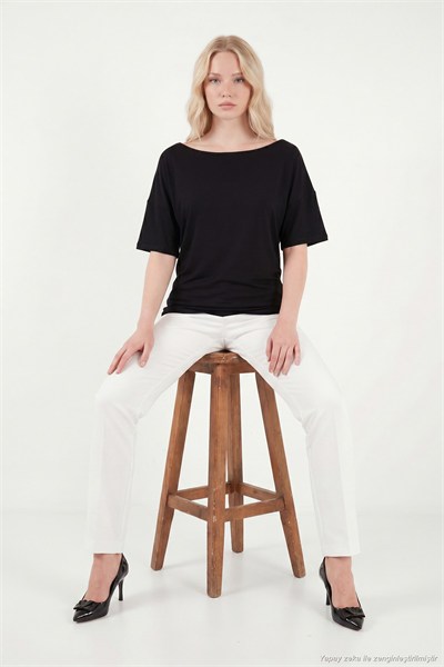 Standart Fit Drape Detaylı Yarasa Kol Kadın T Shirt 5866962 SİYAH