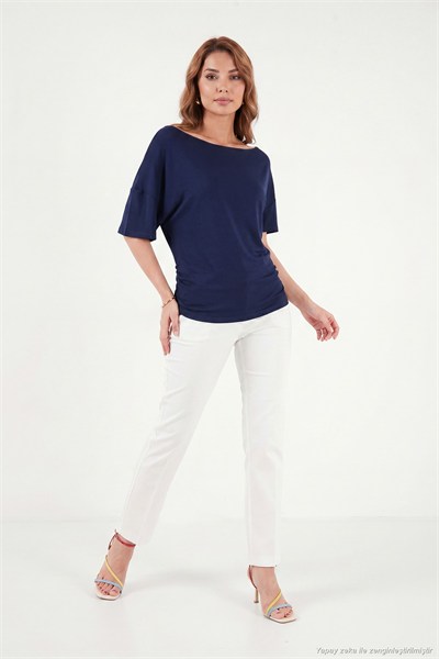 Standart Fit Drape Detaylı Yarasa Kol Kadın T Shirt 5866962 LACİVERT