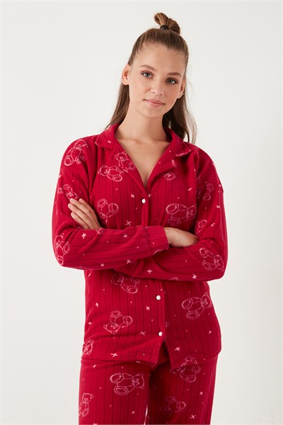Standart Fit Düğmeli Polarlı Kadın Pijama Takımı 6095616 KIRMIZI