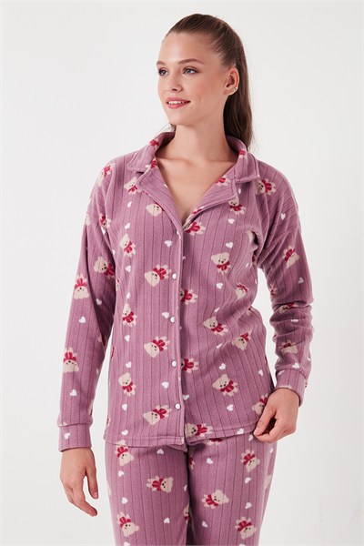Standart Fit Düğmeli Polarlı Kadın Pijama Takımı 6095615 LİLA
