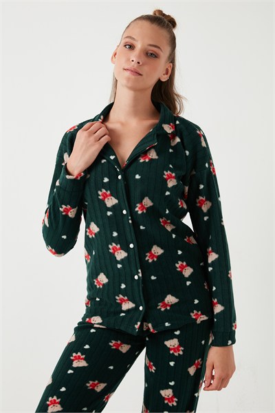 Standart Fit Düğmeli Polarlı Kadın Pijama Takımı 6095615 YEŞİL
