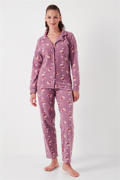 Standart Fit Düğmeli Polarlı Kadın Pijama Takımı 6095615 LİLA
