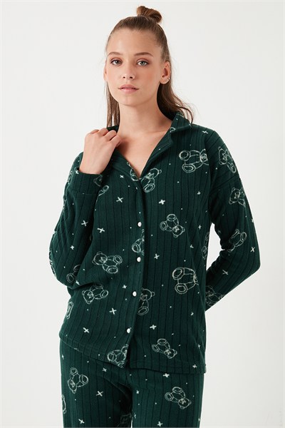 Standart Fit Düğmeli Polarlı Kadın Pijama Takımı 6095616 YEŞİL