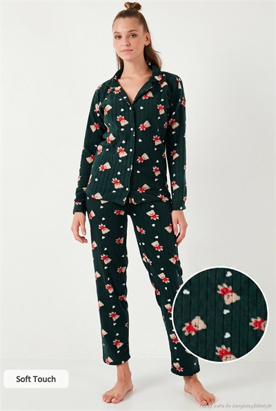 Standart Fit Düğmeli Polarlı Kadın Pijama Takımı 6095615 YEŞİL
