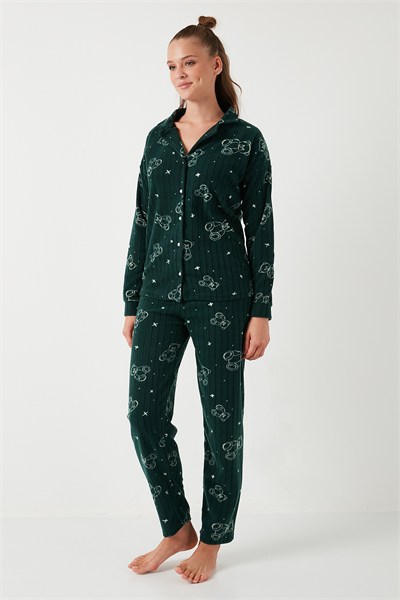 Standart Fit Düğmeli Polarlı Kadın Pijama Takımı 6095616 YEŞİL