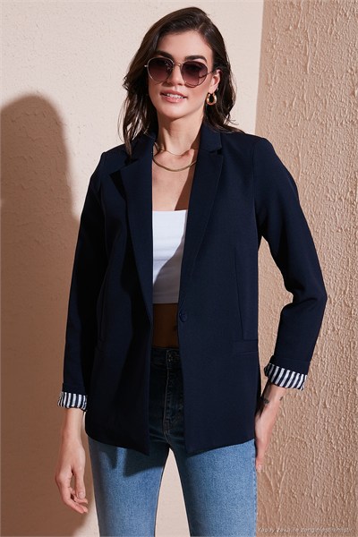Standart Fit Mono Yaka Desenli Astar Detaylı Blazer Kadın Ceket 6524003 LACİVERT