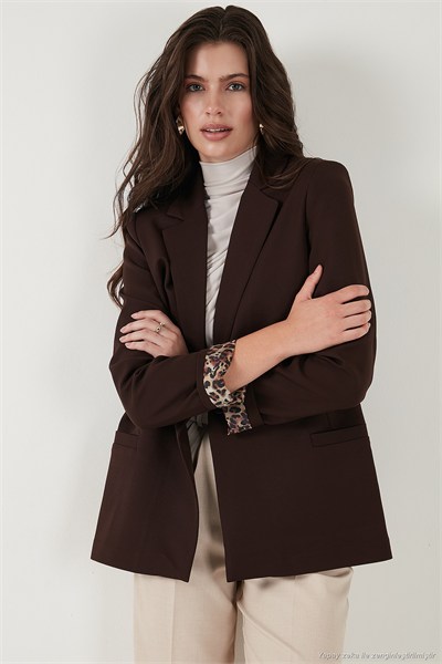Standart Fit Mono Yaka Desenli Astar Detaylı Blazer Kadın Ceket 6524003 KAHVE