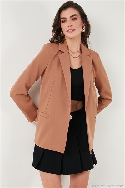 Standart Fit Mono Yaka Desenli Astar Detaylı Blazer Kadın Ceket 6524003 CAMEL