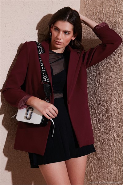 Standart Fit Mono Yaka Desenli Astar Detaylı Blazer Kadın Ceket 6524003 BORDO