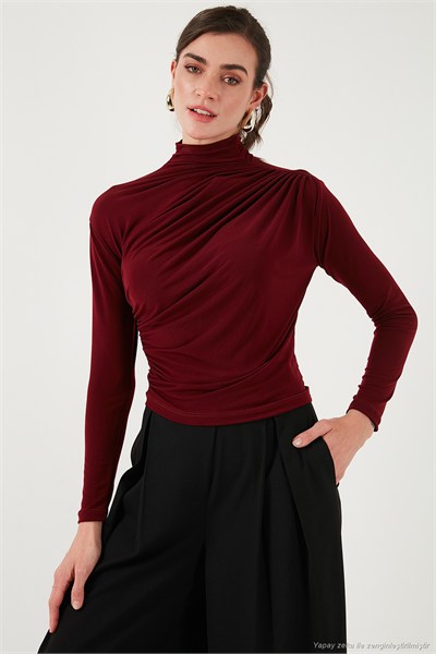 Streç Büzgü Detaylı Slim Fit Dik Yaka Kadın Bluz 669925 BORDO