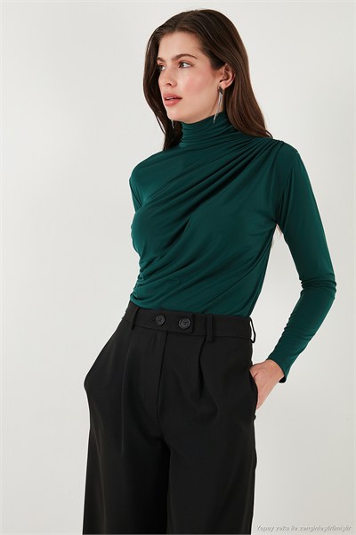 Streç Büzgü Detaylı Slim Fit Dik Yaka Kadın Bluz 669925 NEFTİ