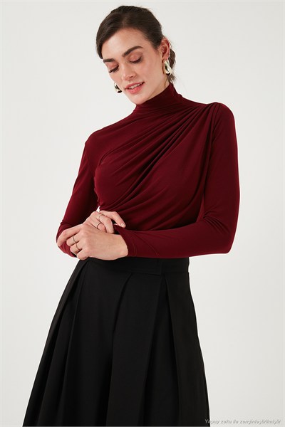 Streç Büzgü Detaylı Slim Fit Dik Yaka Kadın Bluz 669925 BORDO