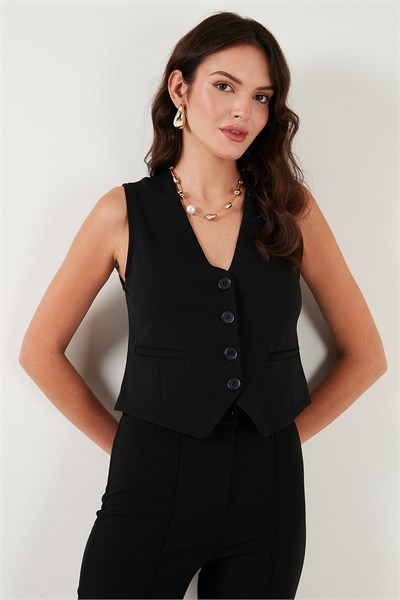 Streç Fitted Fit V Yaka Düğmeli Kadın Yelek 5865971 SİYAH