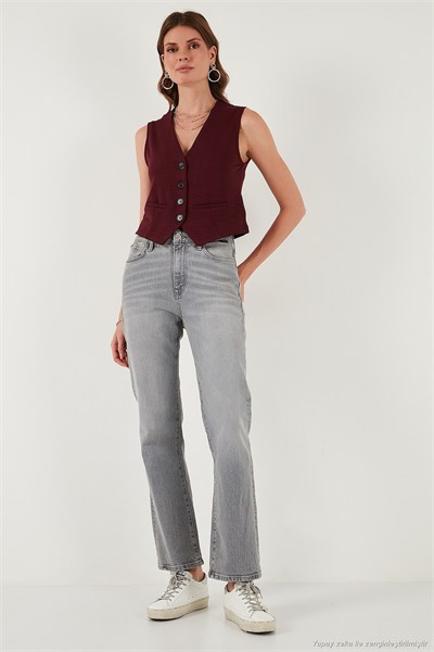 Streç Fitted Fit V Yaka Düğmeli Kadın Yelek 5865971 BORDO