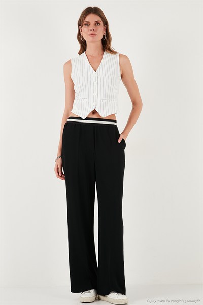 Streç Fitted Fit V Yaka Düğmeli Kadın Yelek 5865971 BEYAZ-SİYAH