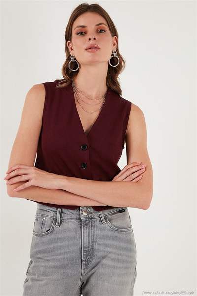 Streç Fitted Fit V Yaka Düğmeli Kadın Yelek 5865971 BORDO
