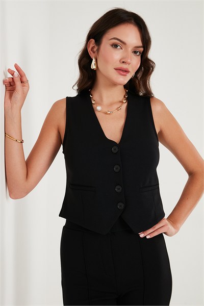 Streç Fitted Fit V Yaka Düğmeli Kadın Yelek 5865971 SİYAH