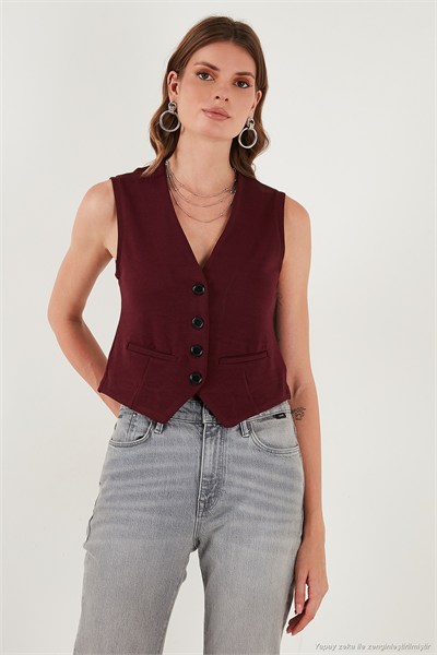 Streç Fitted Fit V Yaka Düğmeli Kadın Yelek 5865971 BORDO