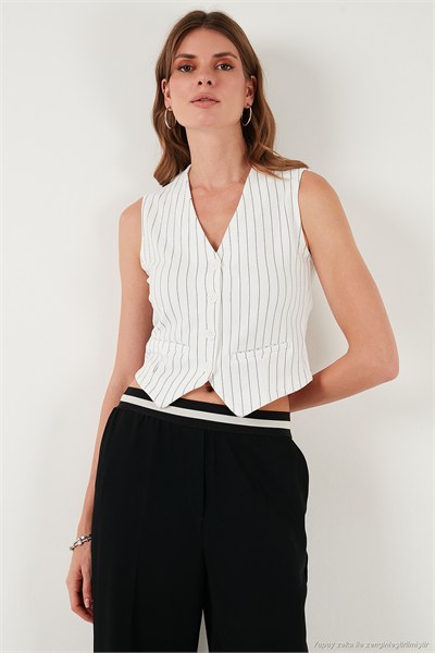 Streç Fitted Fit V Yaka Düğmeli Kadın Yelek 5865971 BEYAZ-SİYAH