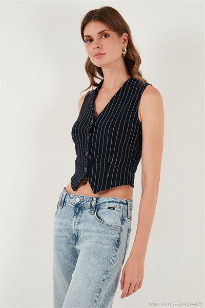Streç Fitted Fit V Yaka Düğmeli Kadın Yelek 5865971 LACİVERT-BEYAZ
