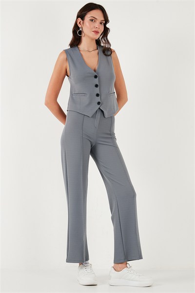 Streç Fitted Fit V Yaka Düğmeli Kadın Yelek 5865971 FÜME