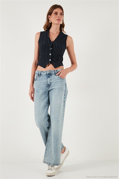 Streç Fitted Fit V Yaka Düğmeli Kadın Yelek 5865971 LACİVERT-BEYAZ