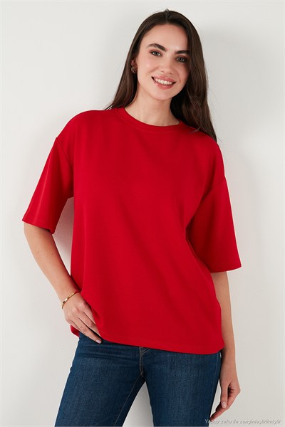 Streç Oversize Fit Bisiklet Yaka Kadın T Shirt 5865911 KIRMIZI