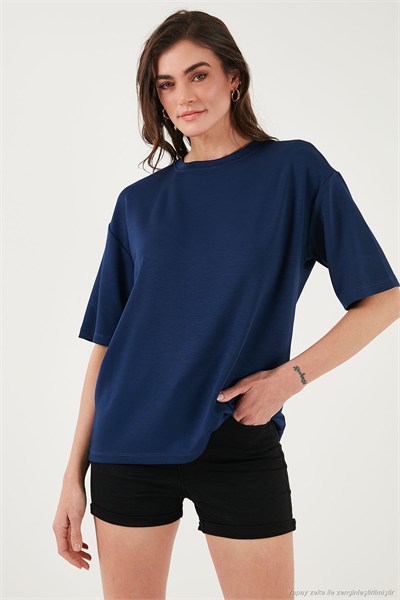 Streç Oversize Fit Bisiklet Yaka Kadın T Shirt 5865911 LACİVERT