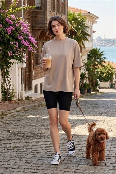 Streç Oversize Fit Bisiklet Yaka Kadın T Shirt 5865911 TAŞ