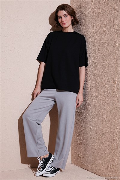 Streç Oversize Fit Bisiklet Yaka Kadın T Shirt 5865911 SİYAH