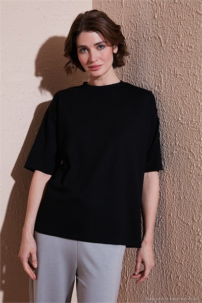 Streç Oversize Fit Bisiklet Yaka Kadın T Shirt 5865911 SİYAH