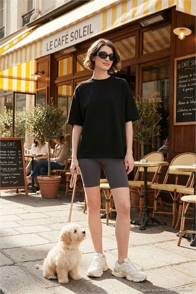 Streç Oversize Fit Bisiklet Yaka Kadın T Shirt 5865911 SİYAH