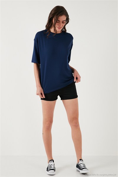 Streç Oversize Fit Bisiklet Yaka Kadın T Shirt 5865911 LACİVERT