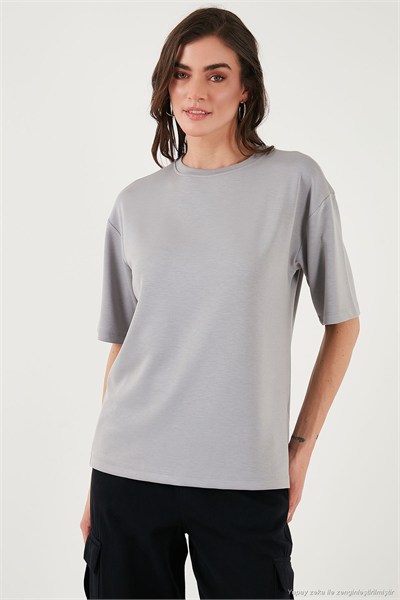 Streç Oversize Fit Bisiklet Yaka Kadın T Shirt 5865911 GRİ