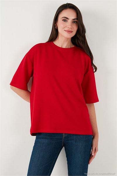 Streç Oversize Fit Bisiklet Yaka Kadın T Shirt 5865911 KIRMIZI