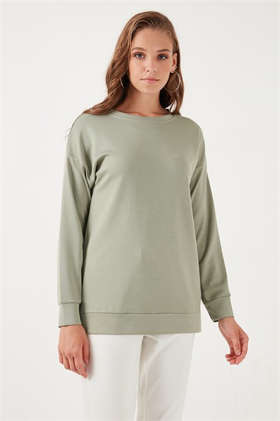 Streç Oversize Fit Bisiklet Yaka Modal Kumaş Kadın Sweat 5865877 OLİVE