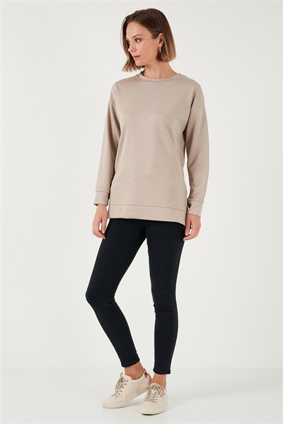 Streç Oversize Fit Bisiklet Yaka Modal Kumaş Kadın Sweat 5865877 TAŞ