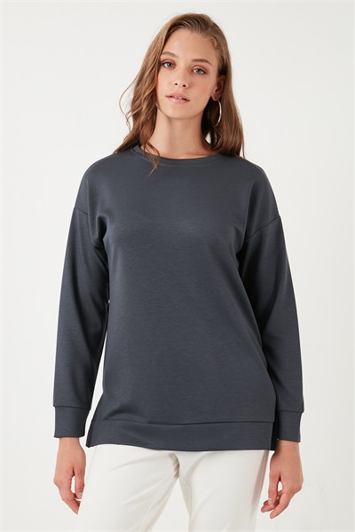 Streç Oversize Fit Bisiklet Yaka Modal Kumaş Kadın Sweat 5865877 FÜME