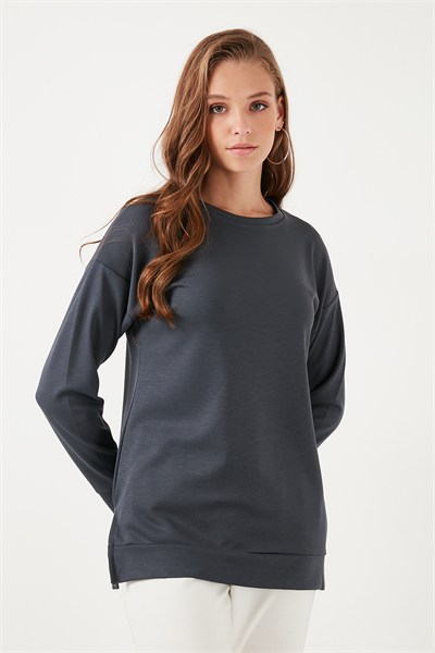 Streç Oversize Fit Bisiklet Yaka Modal Kumaş Kadın Sweat 5865877 FÜME